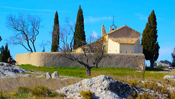Une église entourée de verdure avec un ciel bleu